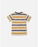 Deux par Deux Baby Boys Printed Cotton Tee Navy Striped, Orange, And Lime Green