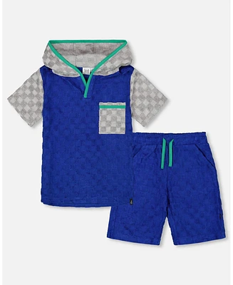 Deux par Toddler Boys Printed Hooded Terry Top And Shorts Set Blue Gray - Toddler|Child