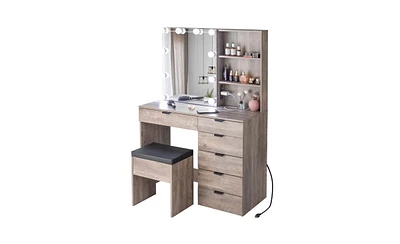 6 Drawers, 2 Shelves, 3 Light Bulbs Mirror Cabinet Dressing Table Set Elegant Vanity with Ample Storage and Led Lighting