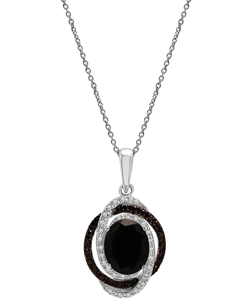 Onyx & Black & White Diamond (1/5 ct. t.w.) Interlocking Ring 18" Pendant Necklace in Sterling Silver