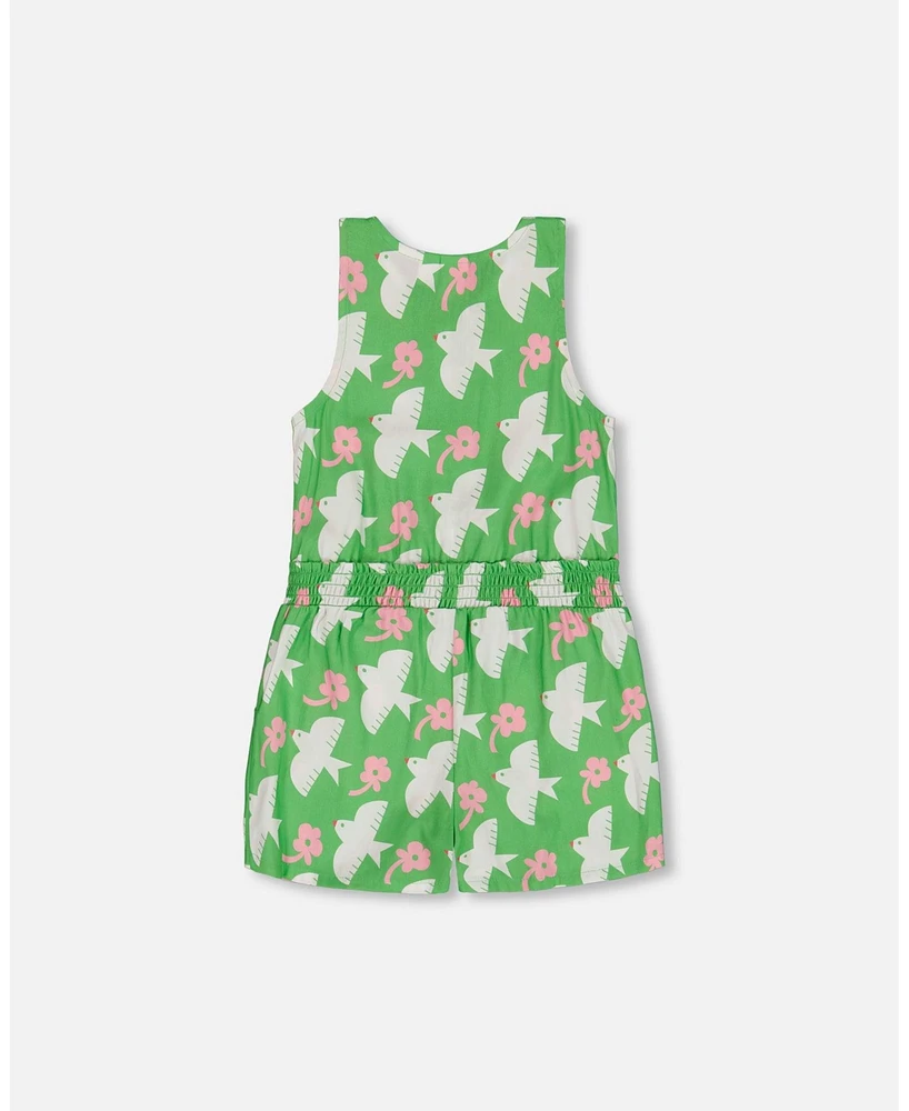 Deux par Big Girls Printed Romper With Frills Green White And Pink Bird
