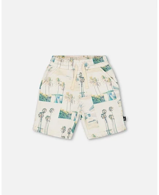 Deux par Deux Toddler Boys Printed French Terry Short Beige Palm Tree And Teal - Toddler|Child