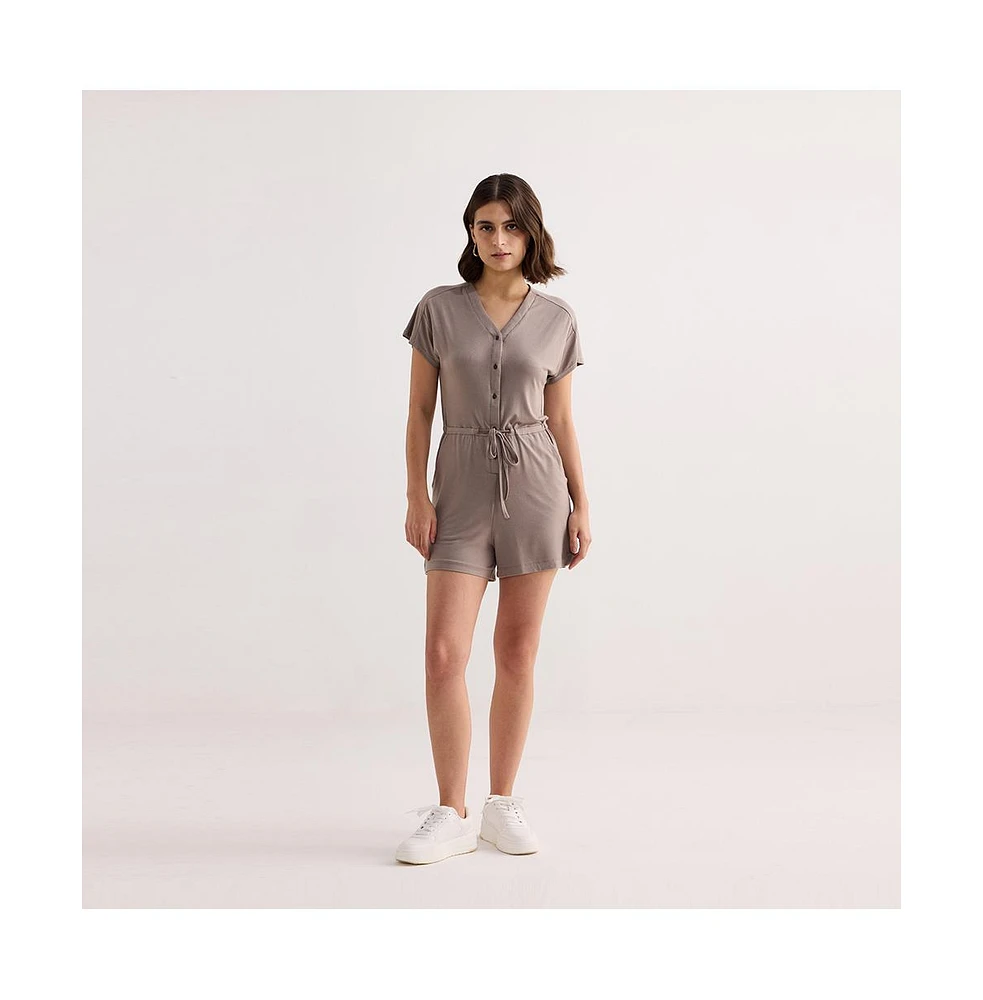 Reistor Women's V neck Drawstring Knit Romper Dusty Brown