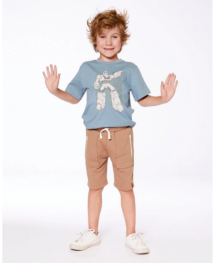 Deux par Deux Toddler Boys Cotton Graphic Tee Grayish Teal And Robot - Toddler|Child