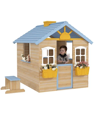Outsunny 44.5" Wooden Playhouse for Kids Outdoor Garden Pretend Play Games