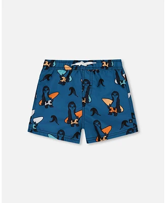 Deux par Deux Baby Boys Printed Swim Trunks Orange Sloths On Navy Blue