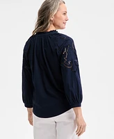 Style & Co Petite Long-Sleeve V-Neck Embroidered Top, Exclusively at Macy's