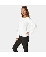 Bebe Women's Off Shoulder Bateau Snapped Slit Sweater