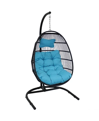 Outdoor Resin Wicker Patio Julia Hanging Basket Egg Chair Swing with Cushions, Headrest, and Steel Stand Set - 3pc