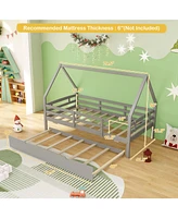 Wooden House Frame Bed with Trundle and Guard Rails for Toddlers or Kids