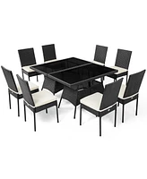 10PCS Patio Rattan Dining Set Cushioned Chair Table with Glass Top Garden Furniture