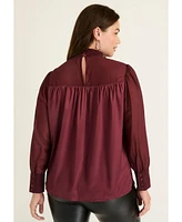June + Vie Women's Satin Mockneck Blouse