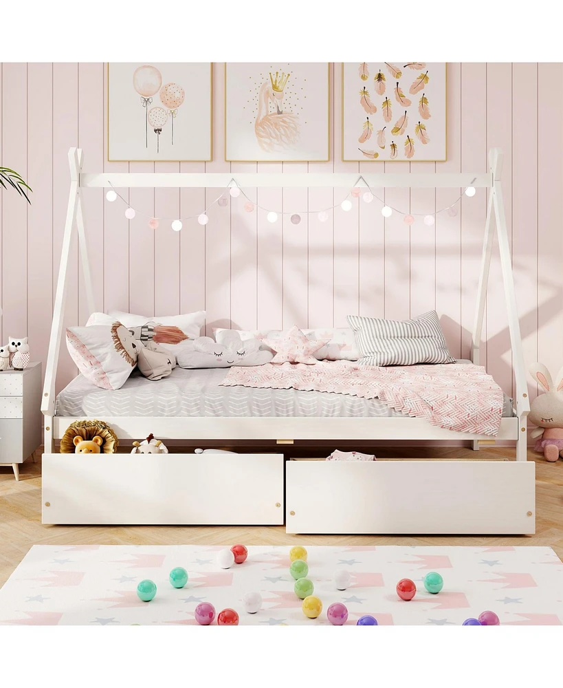 Wooden Tent Platform House Bed with 2 Drawers