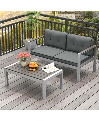 2 Pcs Patio Aluminum Sofa Set Coffee Table Cushioned Loveseat Wpc Armrests