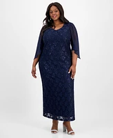 Connected Plus Size Sheer-Sleeve Lace Gown
