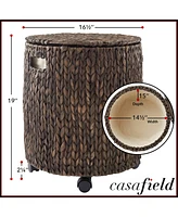 Casafield Rolling Storage Basket - Natural, Handwoven Hyacinth Hamper with Lid, Bin on Wheels for Living Room, Bathroom, Laundry