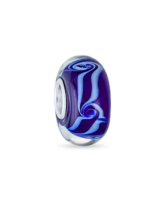 Bling Jewelry Glass Charm Bead Ocean Wave Swirl Murano Blue European Bracelet Silver Core