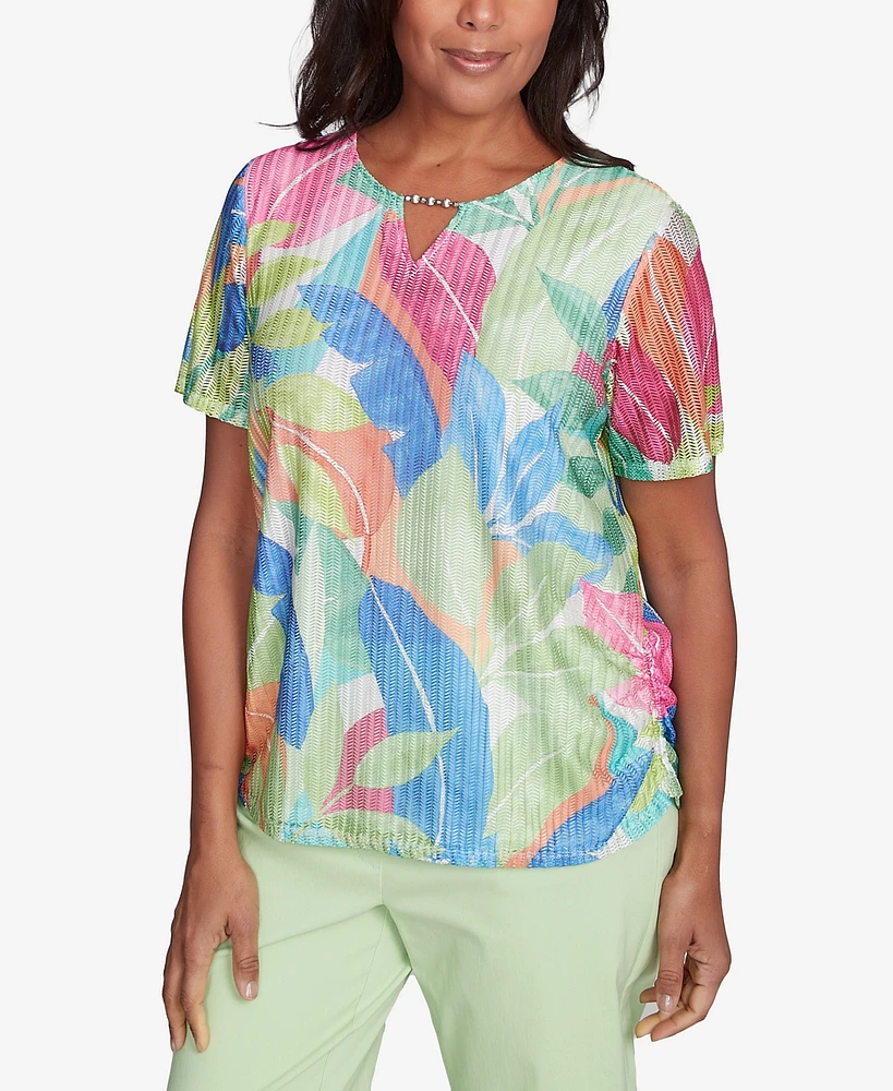 Alfred Dunner Women's Parrot Cay Textured Tropical Beaded Neck Top