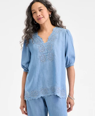 Style & Co Women's Chambray Embroidered Elbow-Sleeve Top, Exclusively at Macy's