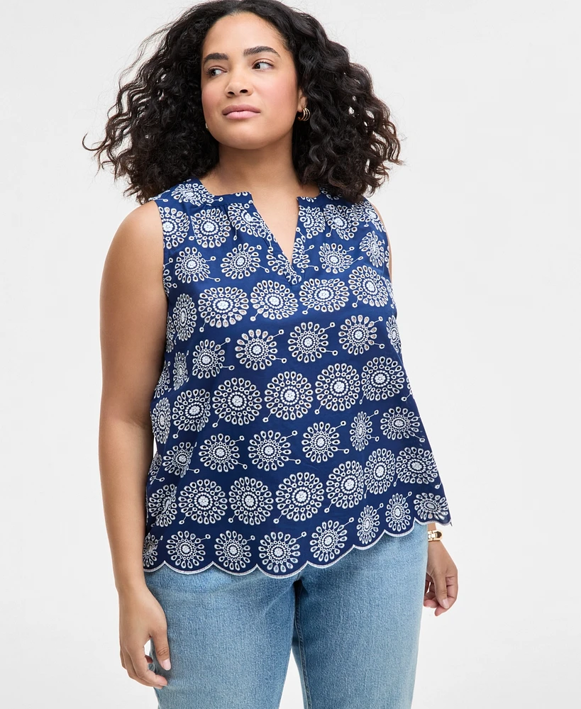 On 34th Trendy Plus Size Cotton Eyelet Split-Neck Tank, Exclusively at Macy's
