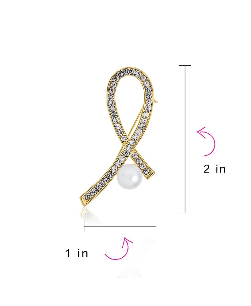 Bling Jewelry White Pearl Crystal Pave Pink Ribbon Breast Cancer Brooch Pin
