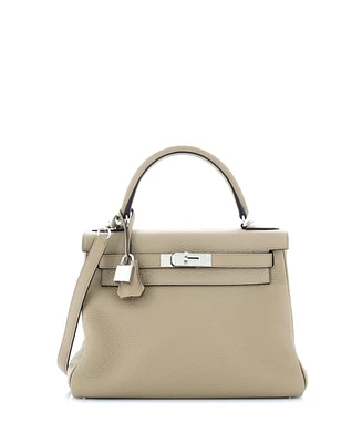 Pre-Owned HERMES Kelly 28 Handbag Brown Clemence with Palladium Hardware