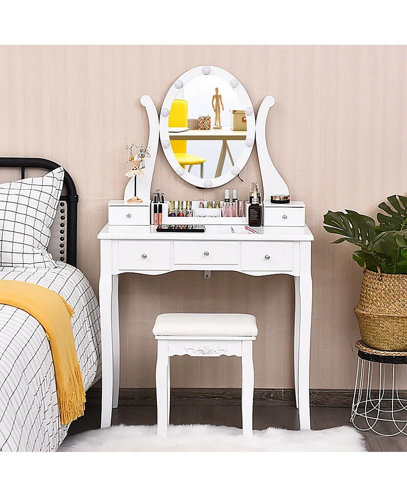 10 Dimmable Lights Vanity Table Set with Lighted Mirror and Cushioned Stool