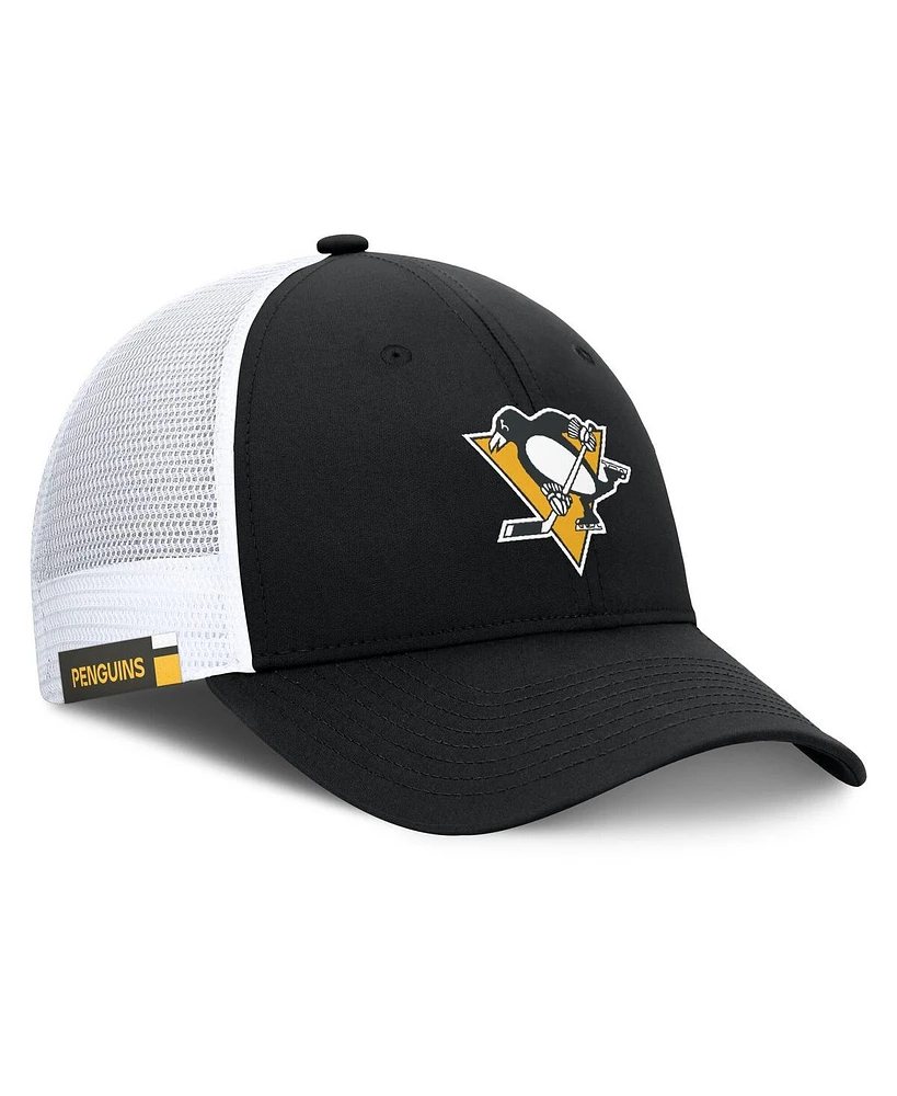 Fanatics Men's Black/White Pittsburgh Penguins Authentic Pro Simple Rink Trucker Adjustable Hat