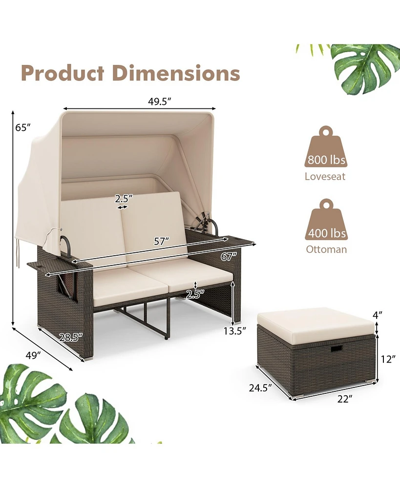 Outdoor Patio Rattan Daybed with Retractable Canopy and Adjustable Backrests