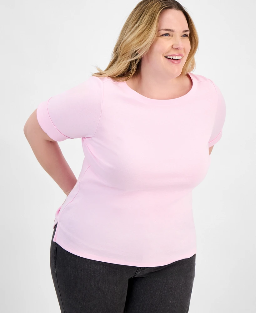 Style & Co Plus Boat-Neck Elbow Sleeve Cotton Top, Exclusively at Macy's
