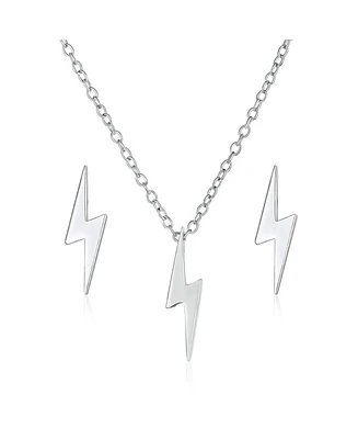 Bling Jewelry Minimalist Lightning Bolt Pendant Necklace and Stud Earrings Set Sterling Silver