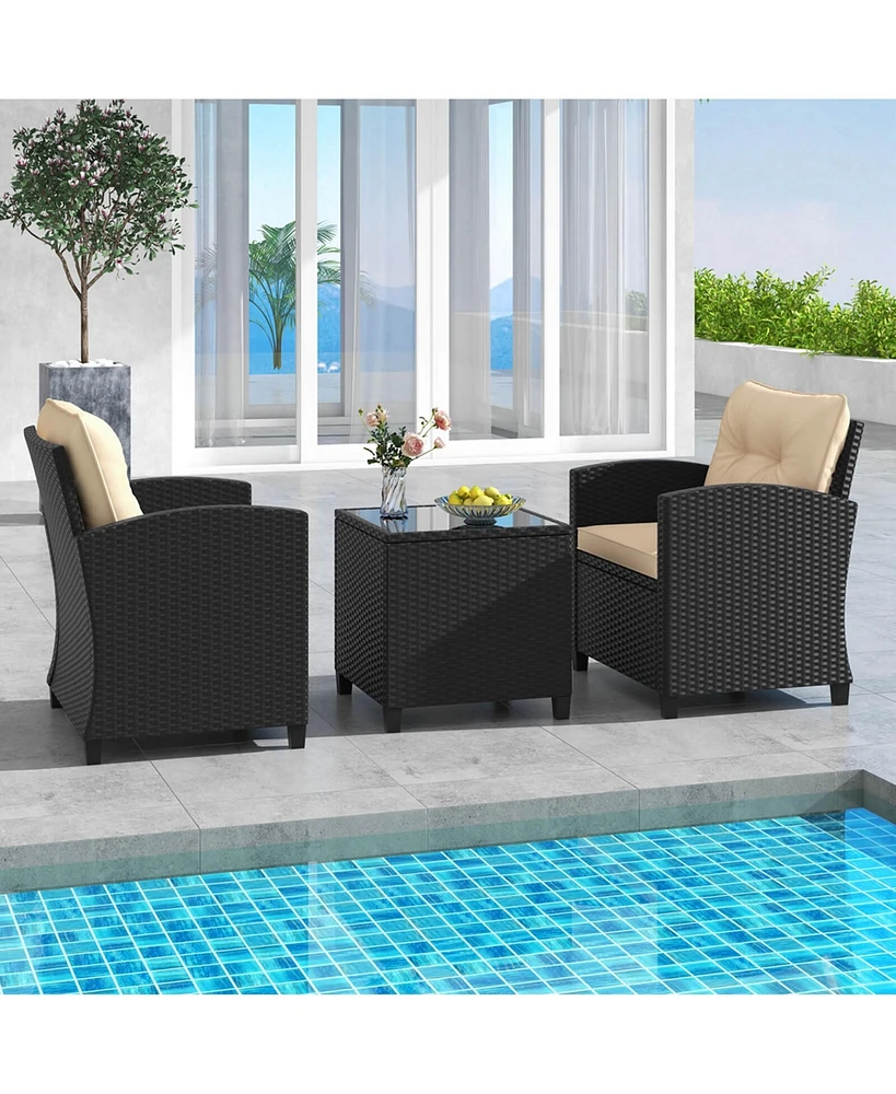 3 Pcs Patio Furniture Set with Tempered Glass Coffee Table Washable Cushions