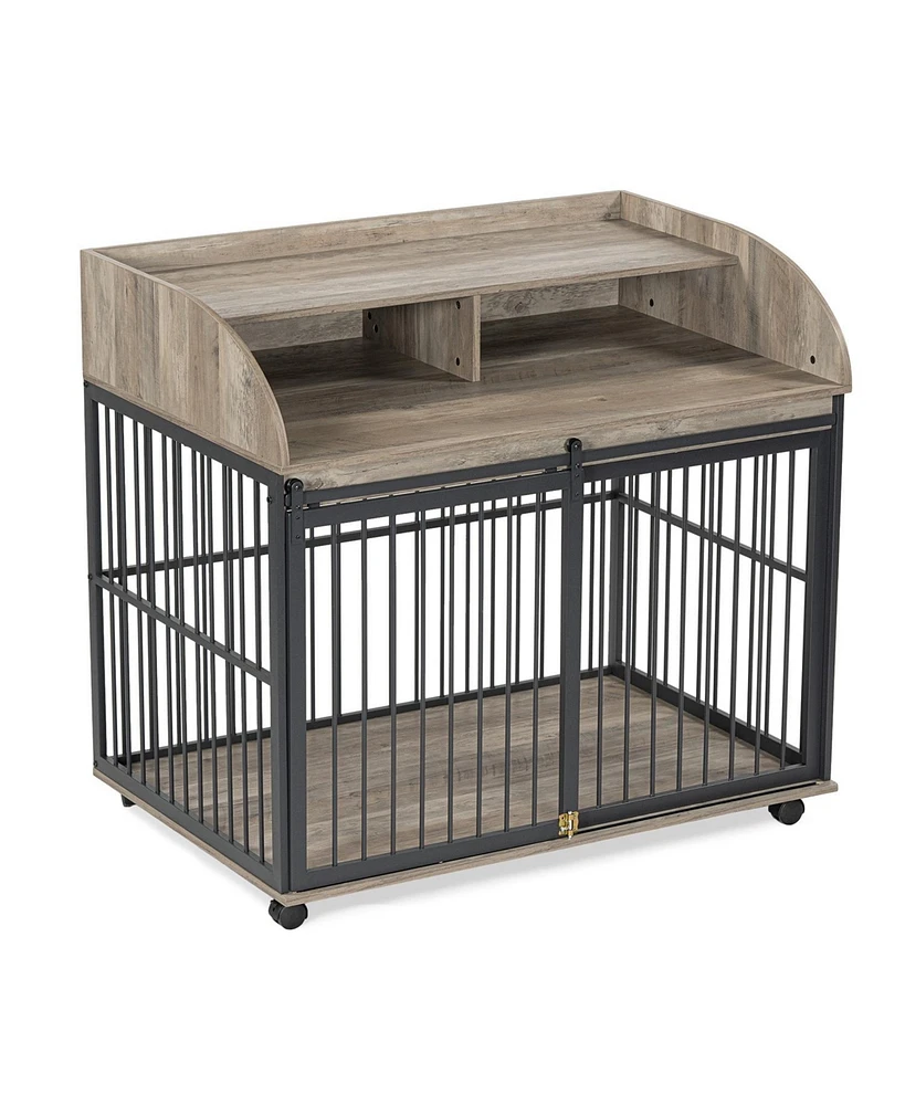 44'' Heavy Duty Large Dog Crate Furniture for Large Medium Dog with Lockable Wheels Grey
