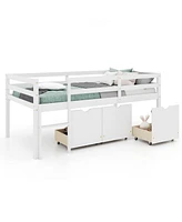 Low Loft Bed with 3 Drawers Ladder and Full-length Guardrails