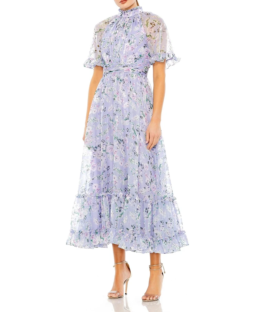 Women's Floral Print High Neck Raglan Sleeve Dress