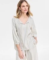 Jm Collection Women's Linen Blend Embroidered Pintuck Top, Exclusively at Macy's