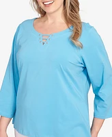 Hearts Of Palm Plus Size It Had To Be Blue Solid 3/4 Sleeve Top