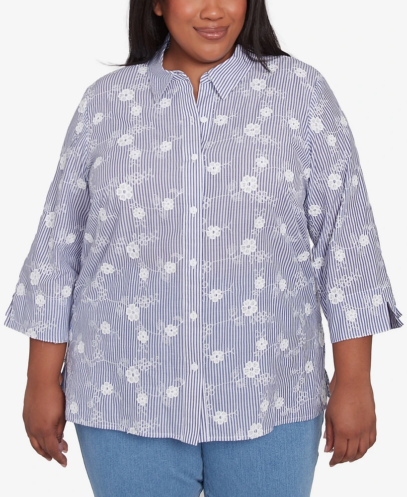Alfred Dunner Plus Size Flower Power Striped Breezy Floral Applique Collared Top