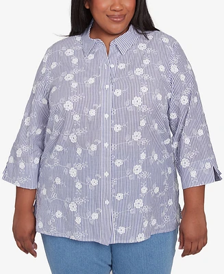 Alfred Dunner Plus Size Flower Power Striped Breezy Floral Applique Collared Top