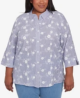 Alfred Dunner Plus Size Flower Power Striped Breezy Floral Applique Collared Top
