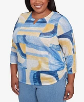 Alfred Dunner Plus Flower Power Watercolor Patchwork Geometric Keyhole Neck Top