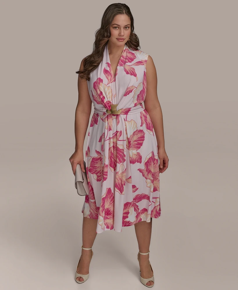 Donna Karan New York Plus Size Floral-Print Belted Midi Dress