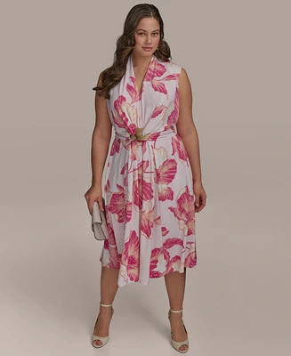 Donna Karan New York Plus Size Floral-Print Belted Midi Dress