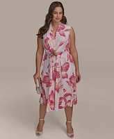 Donna Karan New York Plus Size Floral-Print Belted Midi Dress