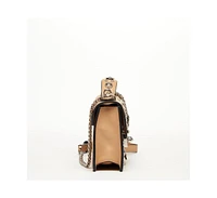 Susu Women s Beige Studded Crossbody Bag Designer Leather Shoulder Purse with Chain Strap and Top Handle, Statement Handbag with Silver Embellishments