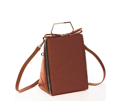 Susu Brown Leather Backpack Purse Unique Convertible Crossbody Bag for Women with Geometric Shape and Metal Top Handle