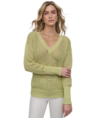 Dkny Jeans Women's Cotton Open-Knit V-Neck Sweater - Kxs