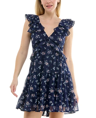 Trixxi Juniors' Floral Ruffle Clip-Dot Mini Dress