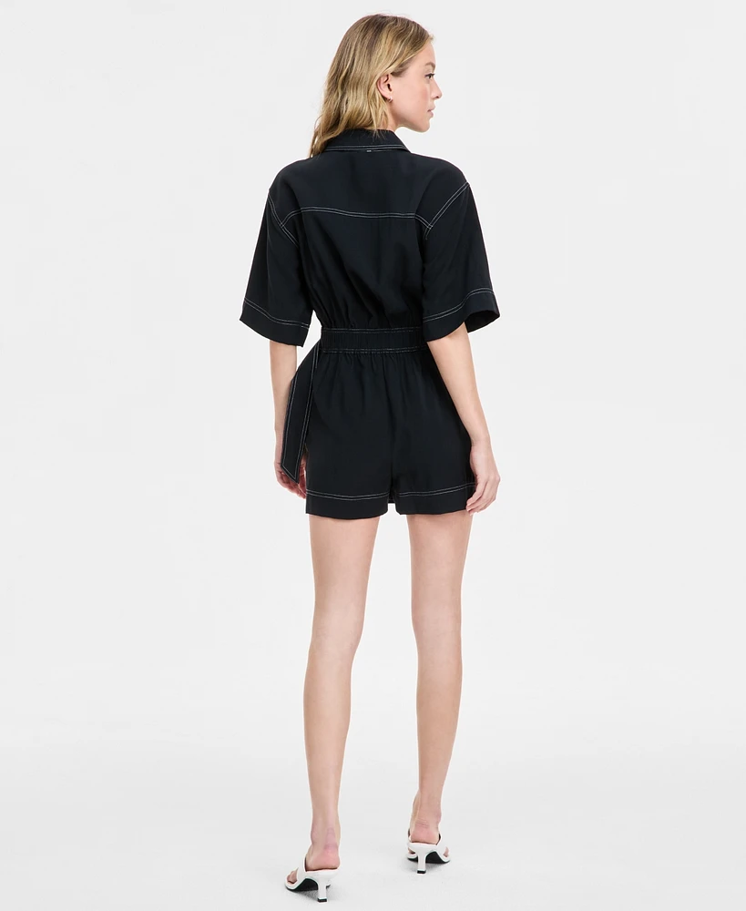 Bar Iii Women's Belted Short-Sleeve Utility Romper, Created for Macy's