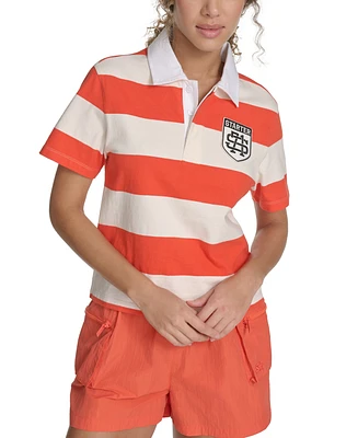 Starter Women's Cotton Rugby-Stripe Logo Polo Shirt